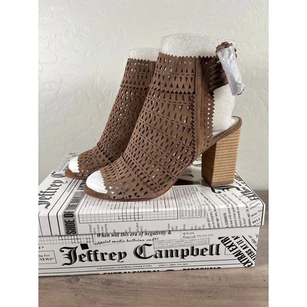 JEFFREY CAMPBELL Ottawa Taupe Suede Leather Shoes Block Heel Open Toe Bootie 8.5